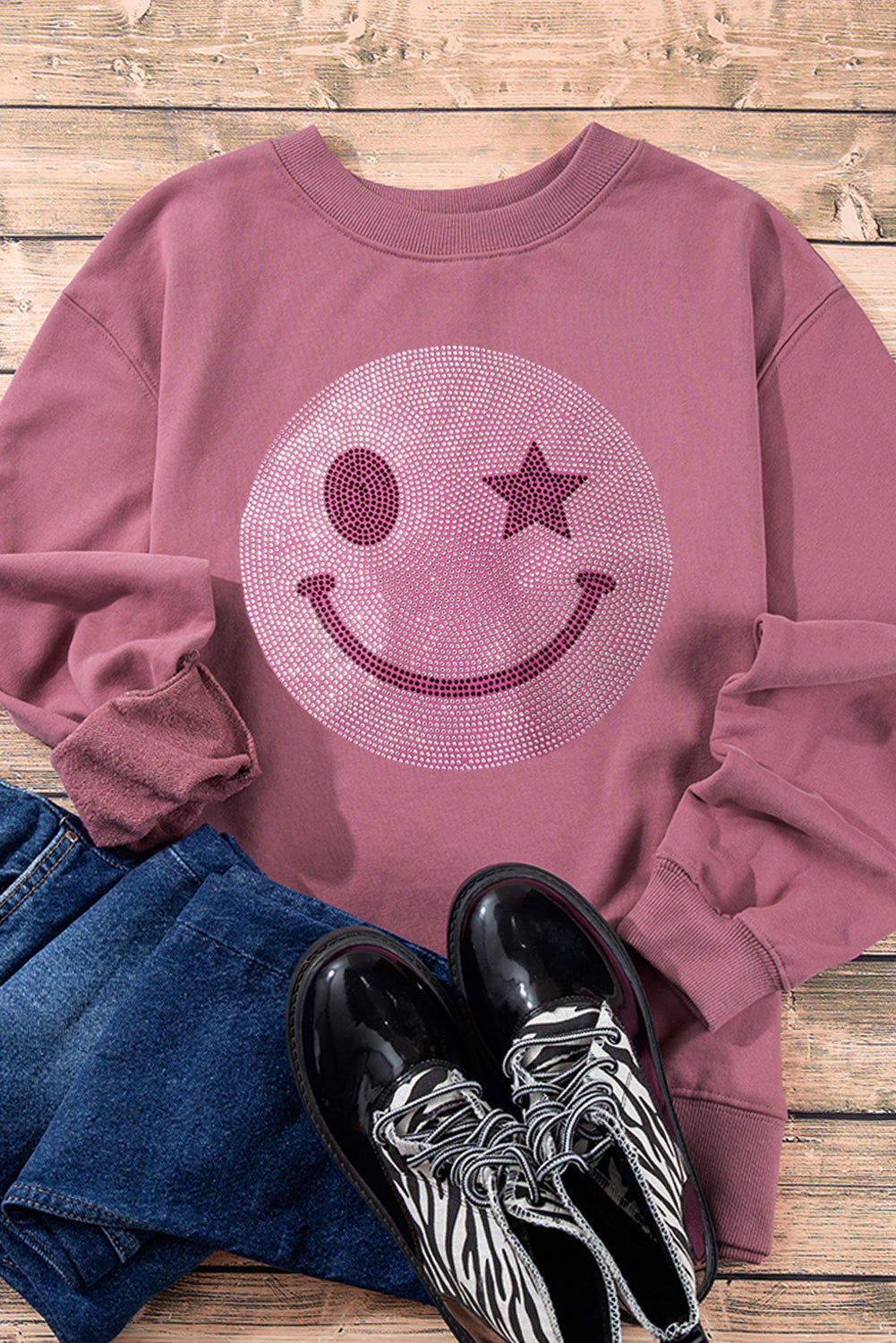 Valerian Rhinestoned Smile Graphic Crew Neck Sweatshirt