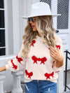 Angel Wings Bow Round Neck Dropped Shoulder Sweater - Cocoa Yacht Club