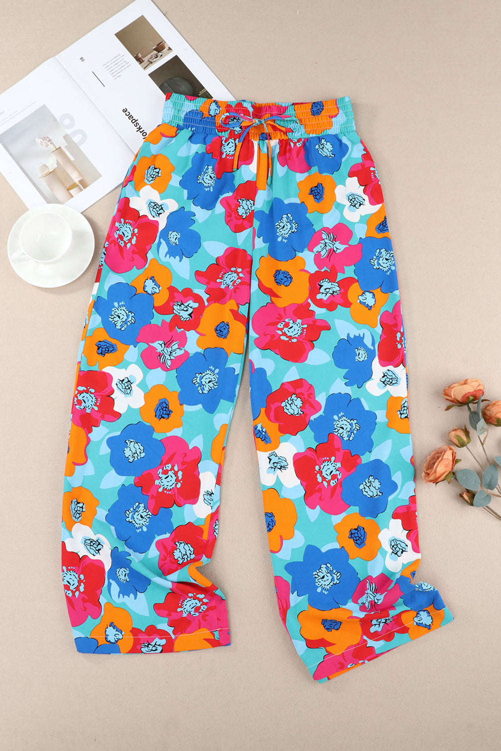 Multicolor Floral Abstract Print Drawstring Wide Waistband Pants