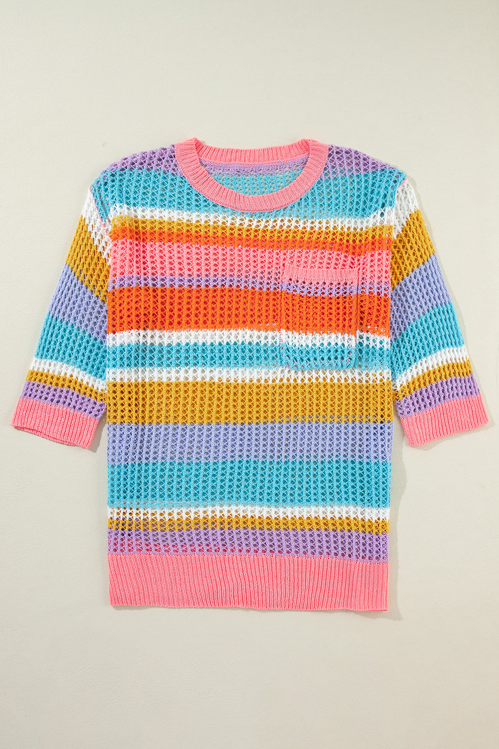 Pink Striped Color Block Hollow Crochet 3/4 Sleeve T Shirt