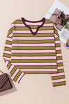 Spinach Green Striped V-Neck Rib-knit Pullover Top