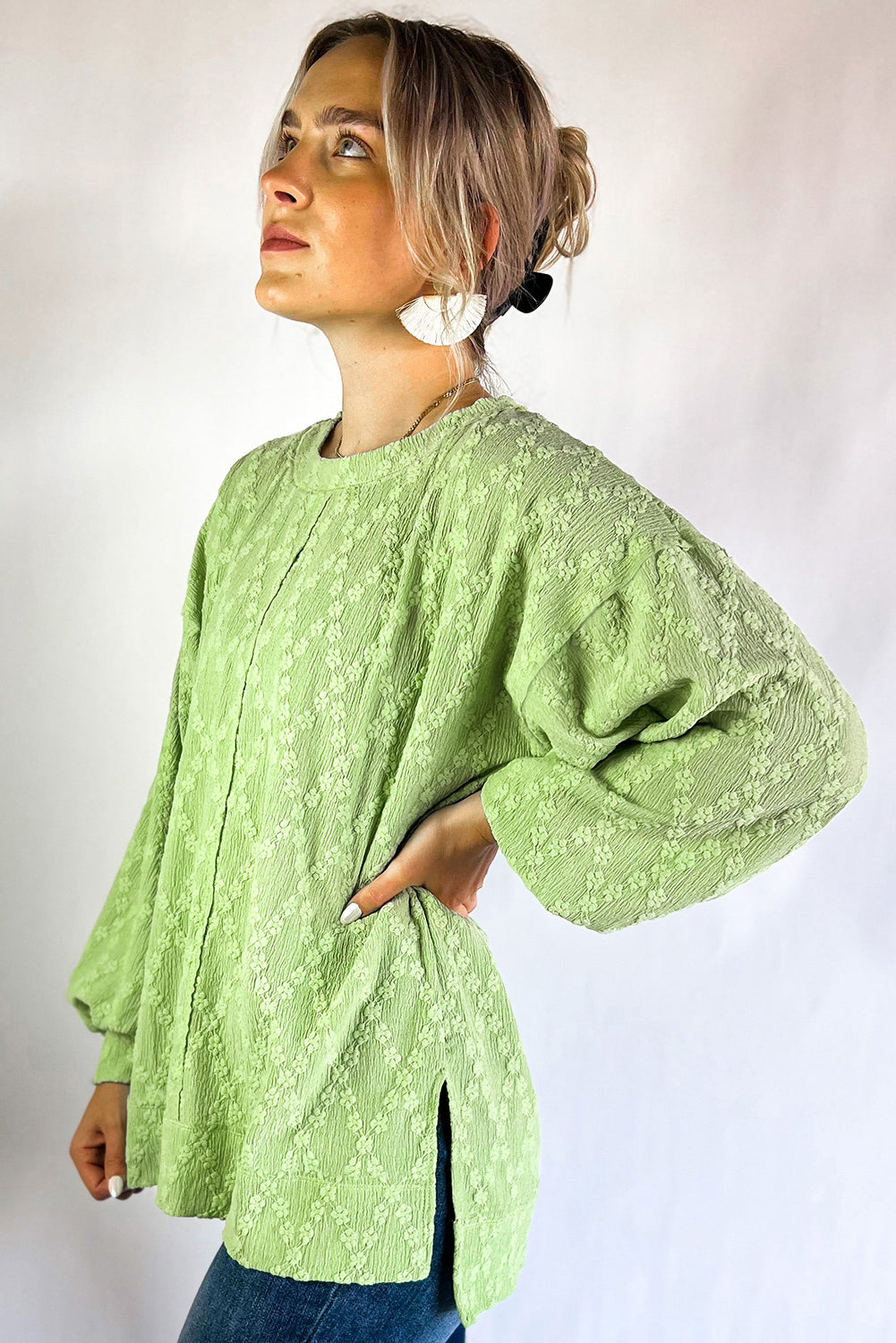 Light Green Textured Side Split Drop Shoulder Sweatshirt