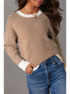 Coffee Stripe Contrast Edge Crew Neck Drop Shoulder Sweater