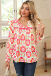 Rose Floral V Neck Ricrac Trim Ruffle Long Sleeve Blouse