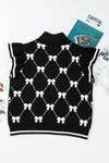 Black Preppy Bow Print Zipped Collar Knit Top