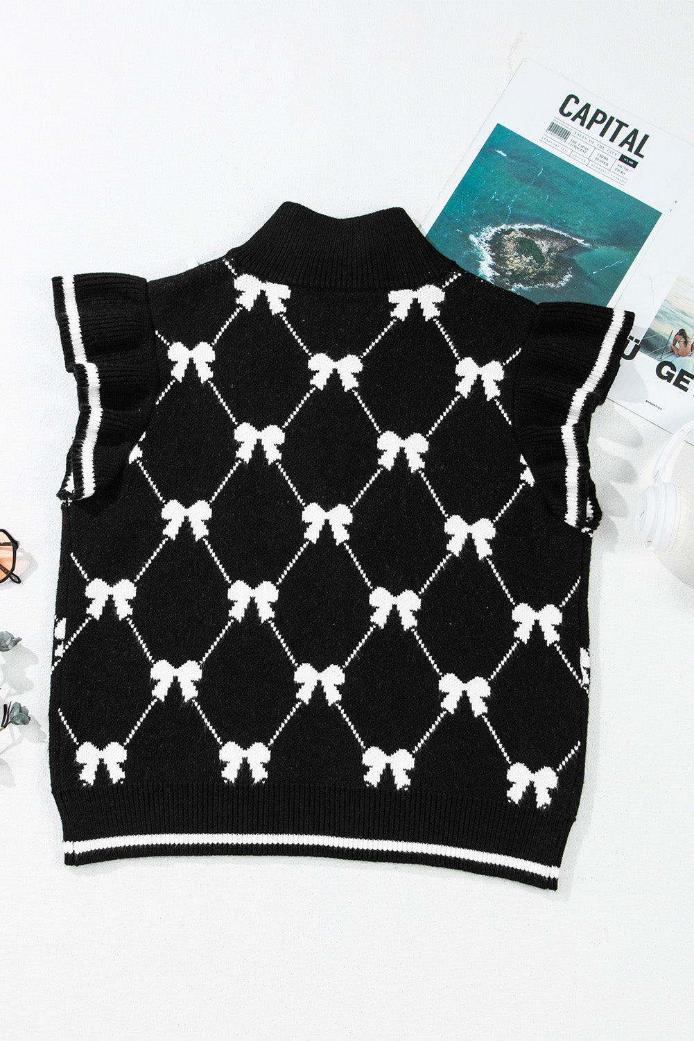 Black Preppy Bow Print Zipped Collar Knit Top