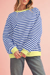 Blue Stripe Contrast Edge Cross Seam Oversized Pullover