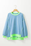 Sky Blue Stripe Contrast Trim High Low Tunic Sweatshirt