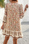 Apricot Floral Printed Loose Casual V-Neck Lace-Up Dress