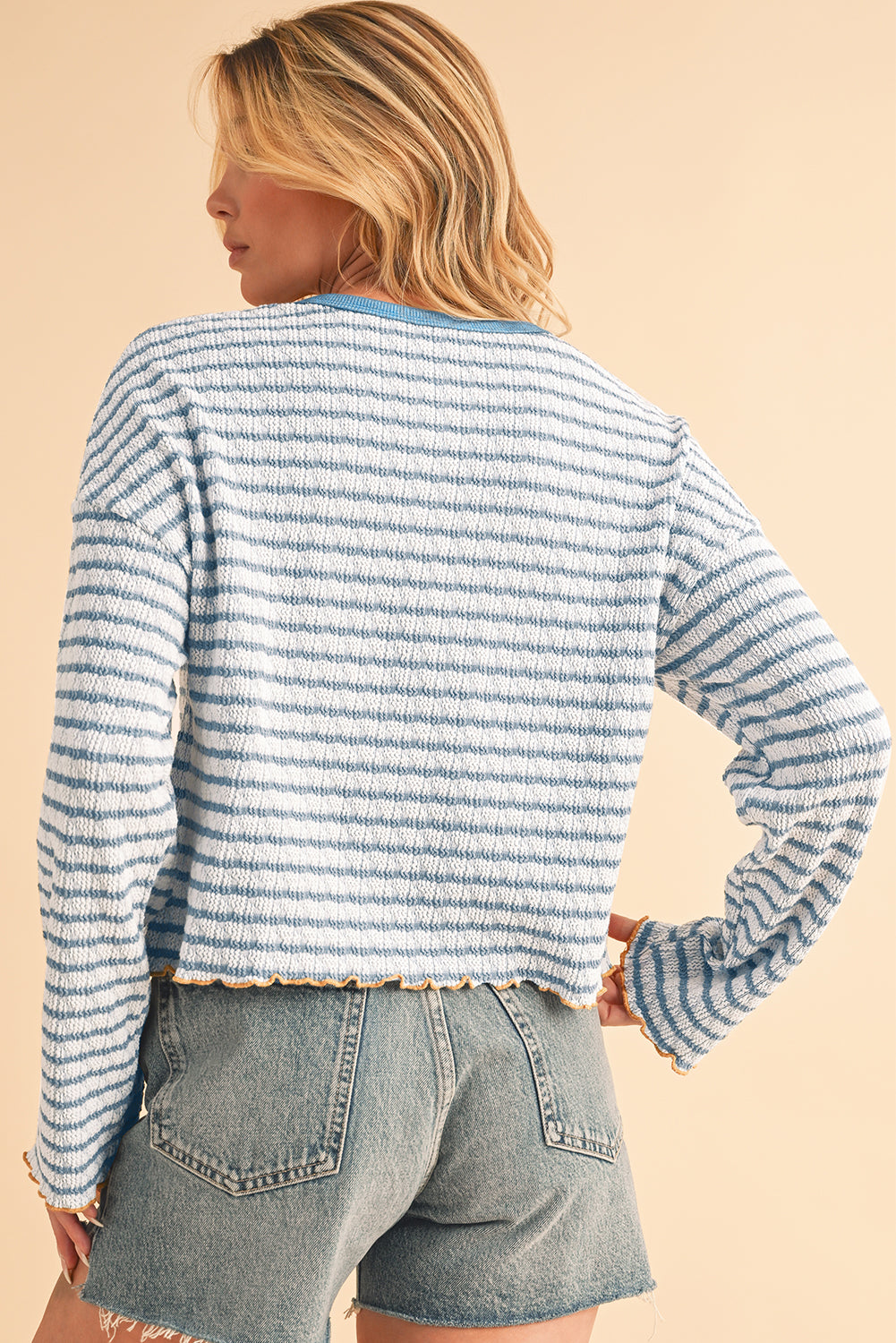 Sky Blue Stripe Textured Long Sleeve Henley Top