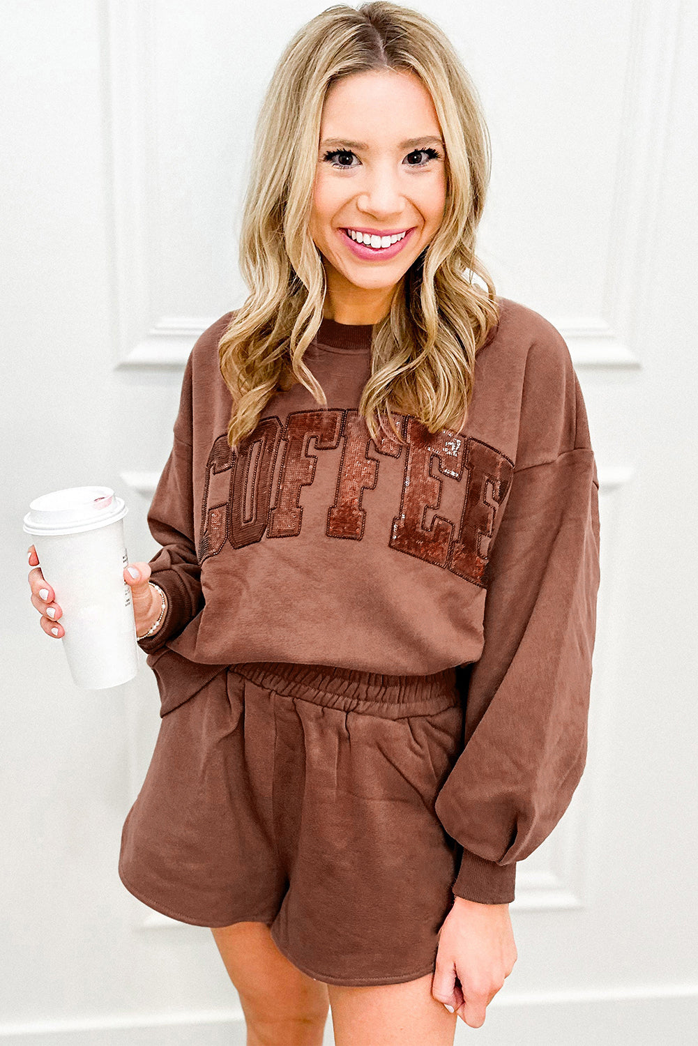 Black Sequins COFFEE Loose Fit Sweatshirt and Shorts Set