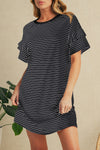 Green Stripe Ruffle Short Sleeve T Shirt Mini Dress