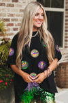 Black Sequin Mardi Gras Side Slits Oversized Graphic Tee