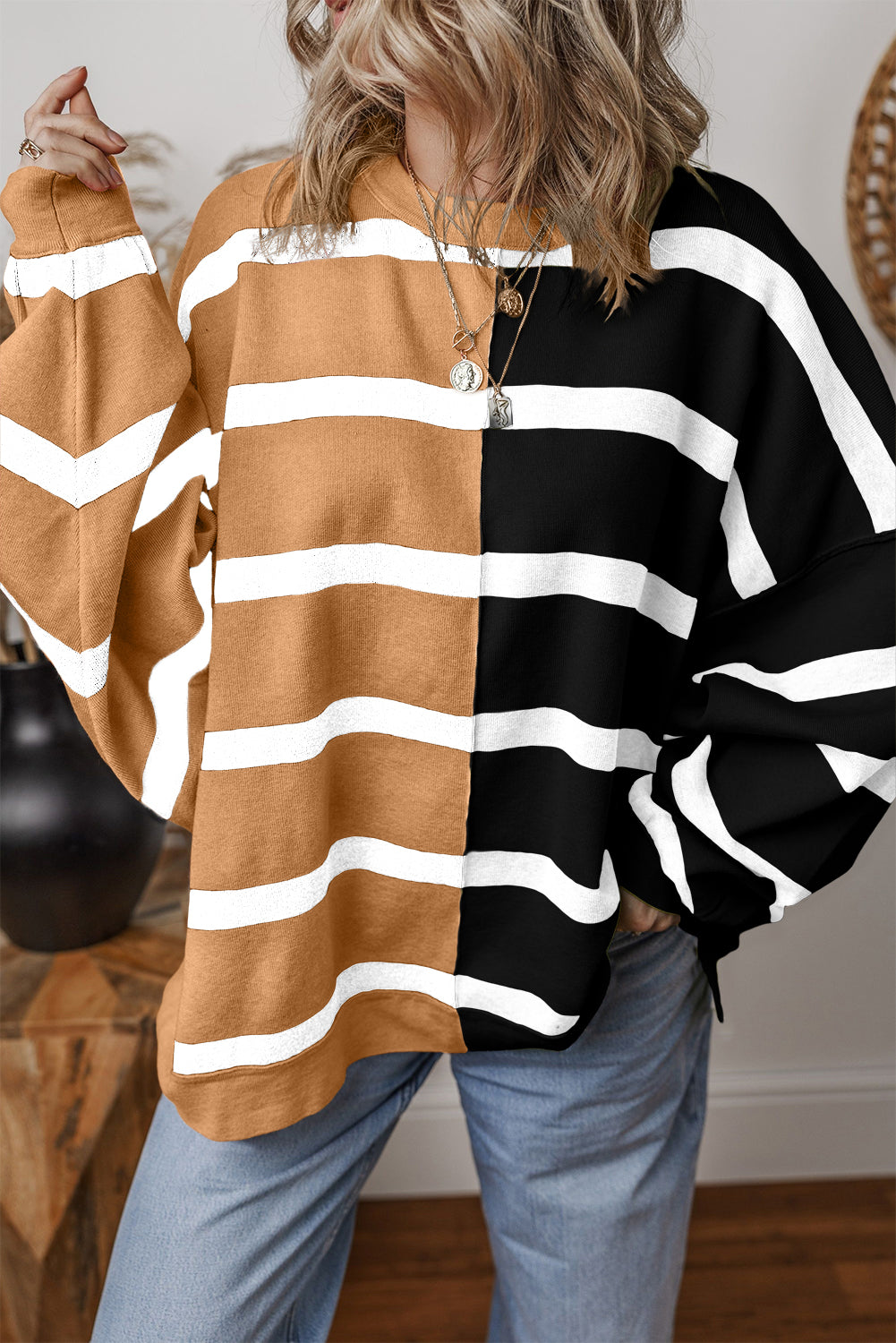 Blue Stripe Exposed Seam Patchwork Loose Sweatshirts