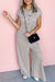 Khaki Checkered Print Buttoned Crew Neck Wide Leg Jumpsuit