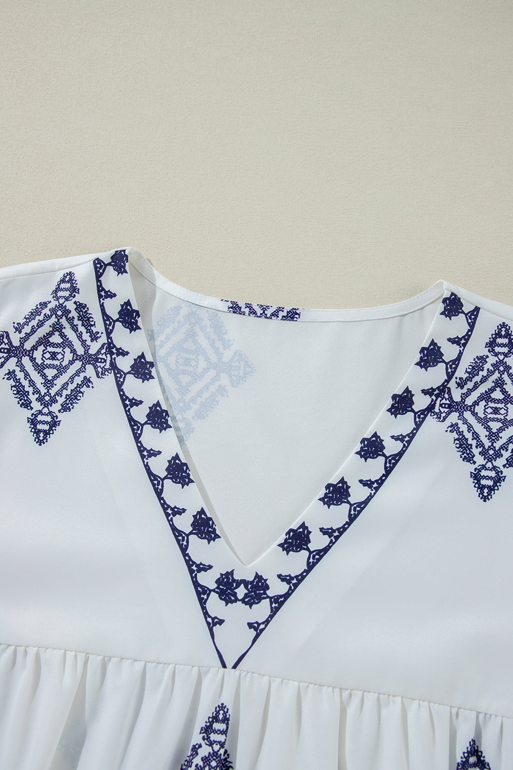 White Boho Geometric Print V Neck Plus Size Blouse