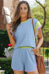 Blue Color Block Loose Fit Top and Elastic Waist Shorts Set