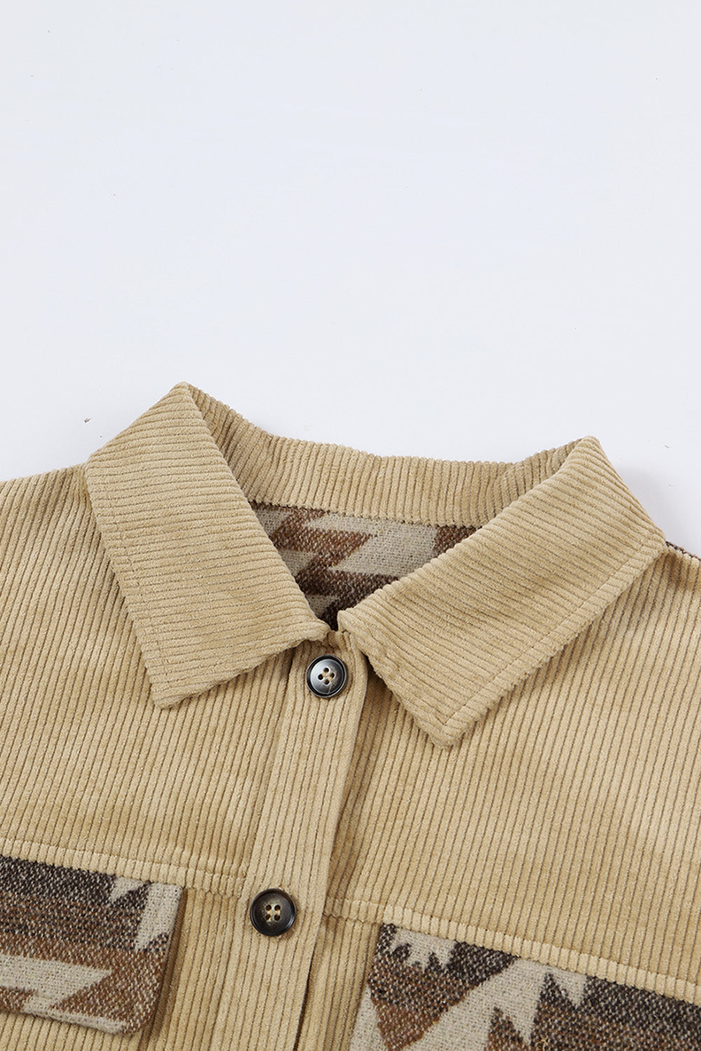 Khaki Geometric Print Patchwork Frayed Edge Corduroy Jacket