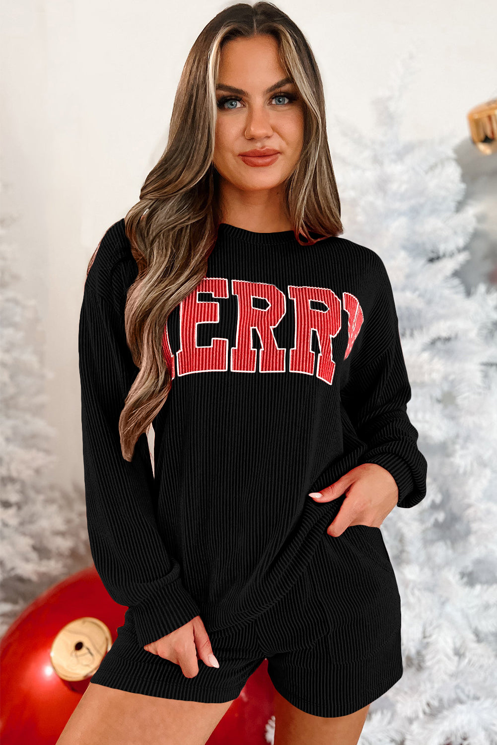 Black Corded MERRY Long Sleeve Top and Shorts Pajama Set