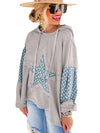 Beau Blue Floral Patchwork Star Pattern Drawstring Hoodie