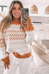 Khaki Zigzag Geometric Pattern Knitted Pullover Sweater