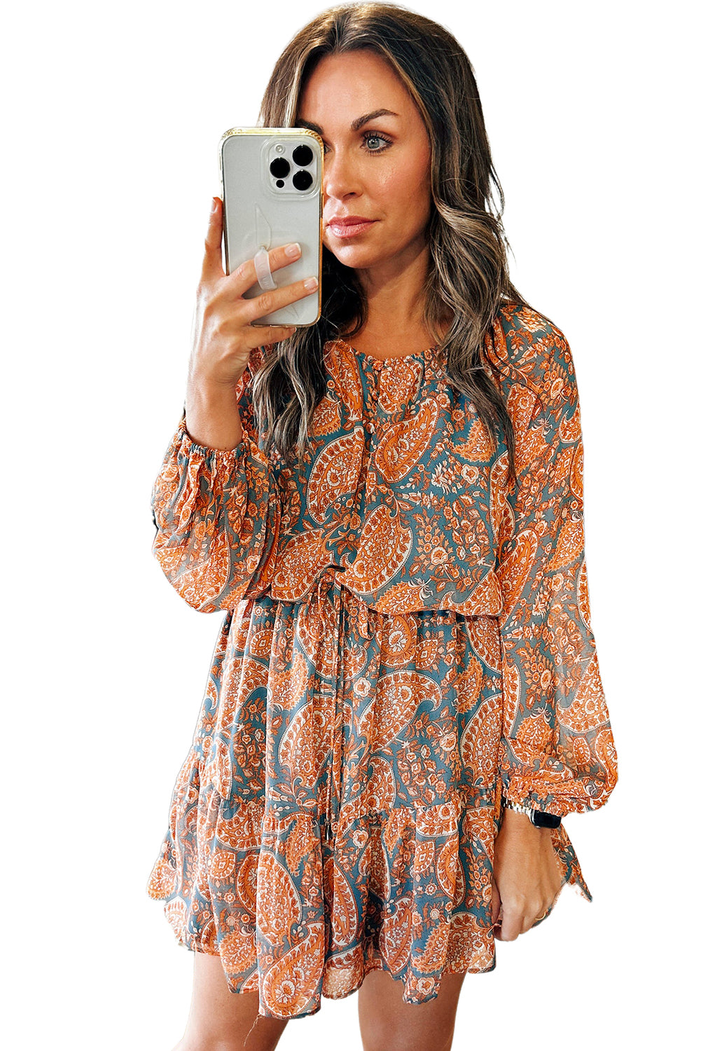 Orange Paisley Print Loose Fit Drawstring High Waist Mini Dress