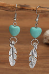 Silvery Turquoise Heart Shape Alloy Feather Drop Earrings