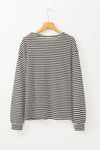 Rose Stripe Round Neck Drop Shoulder Long Sleeve Top