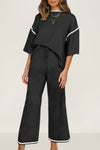 Navy Blue Loose Contrast Trim Half Sleeve Top and Drawstring Pants Set