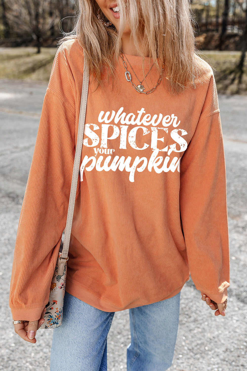 Orange Crinkle Rib Whatever Spices Your Pumpkin Graphic Sweatshirt