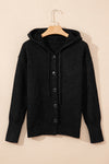 Black Button Up Drop Shoulder Knit Hooded Cardigan