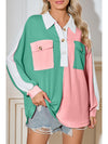 Rose Red Colorblock Patchwork Ribbed Oversized Henley Sweatshirt