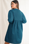 Blue Sapphire Puff Sleeve Pleated Pop of Color Neckline Dress