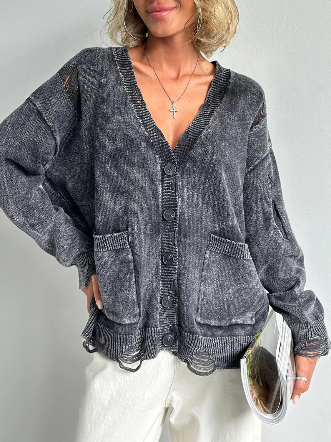 Distressed Button Down Long Sleeve Cardigan