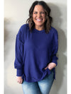 Dark Blue Waffle Knit Exposed Seam Patchwork Plus Size Top