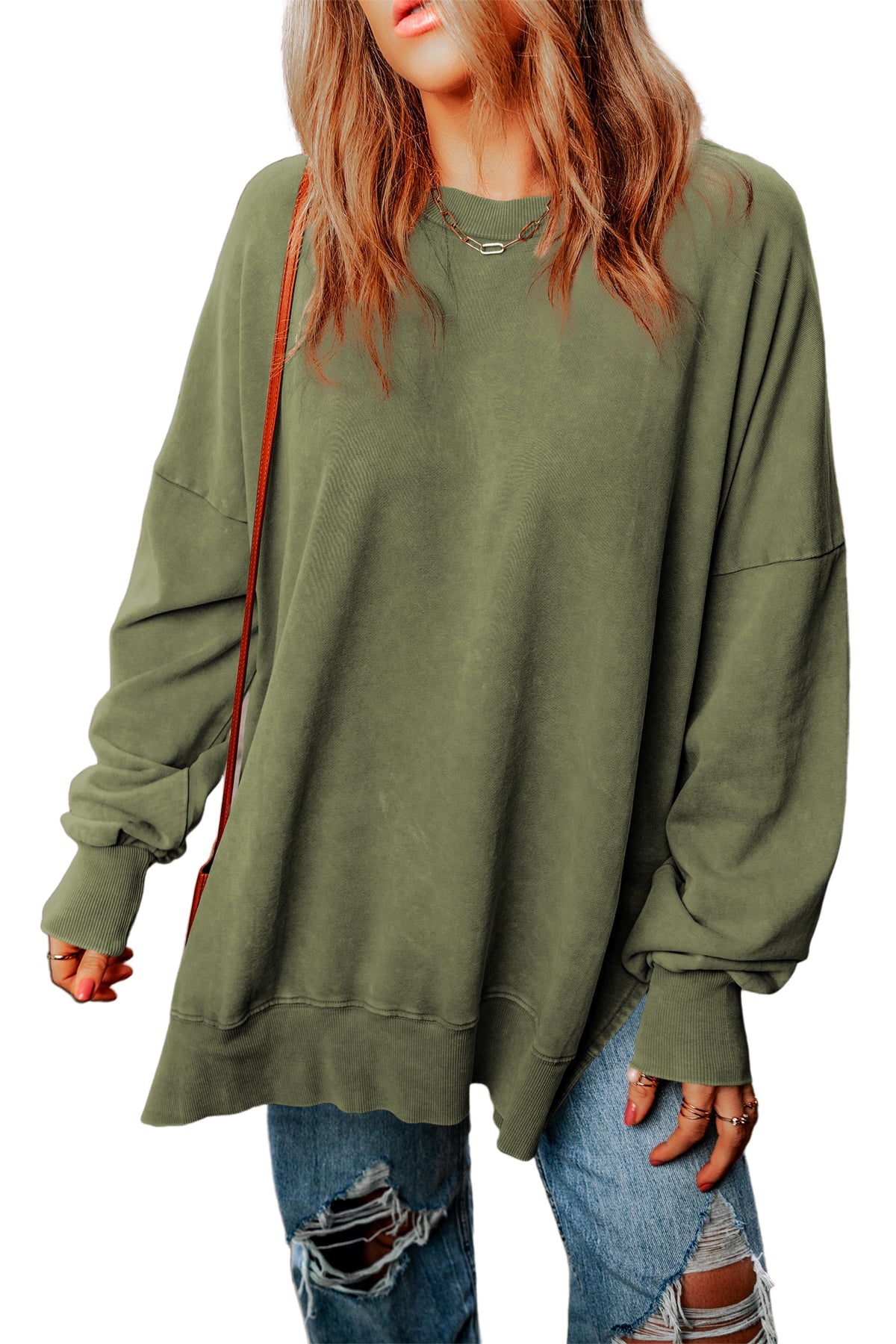 Green Plain Drop Shoulder Ribbed Trim Oversized Sweatshirt