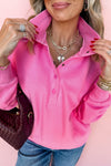 Bright Pink Half Button Collar Drop Shoulder Sweatshirt