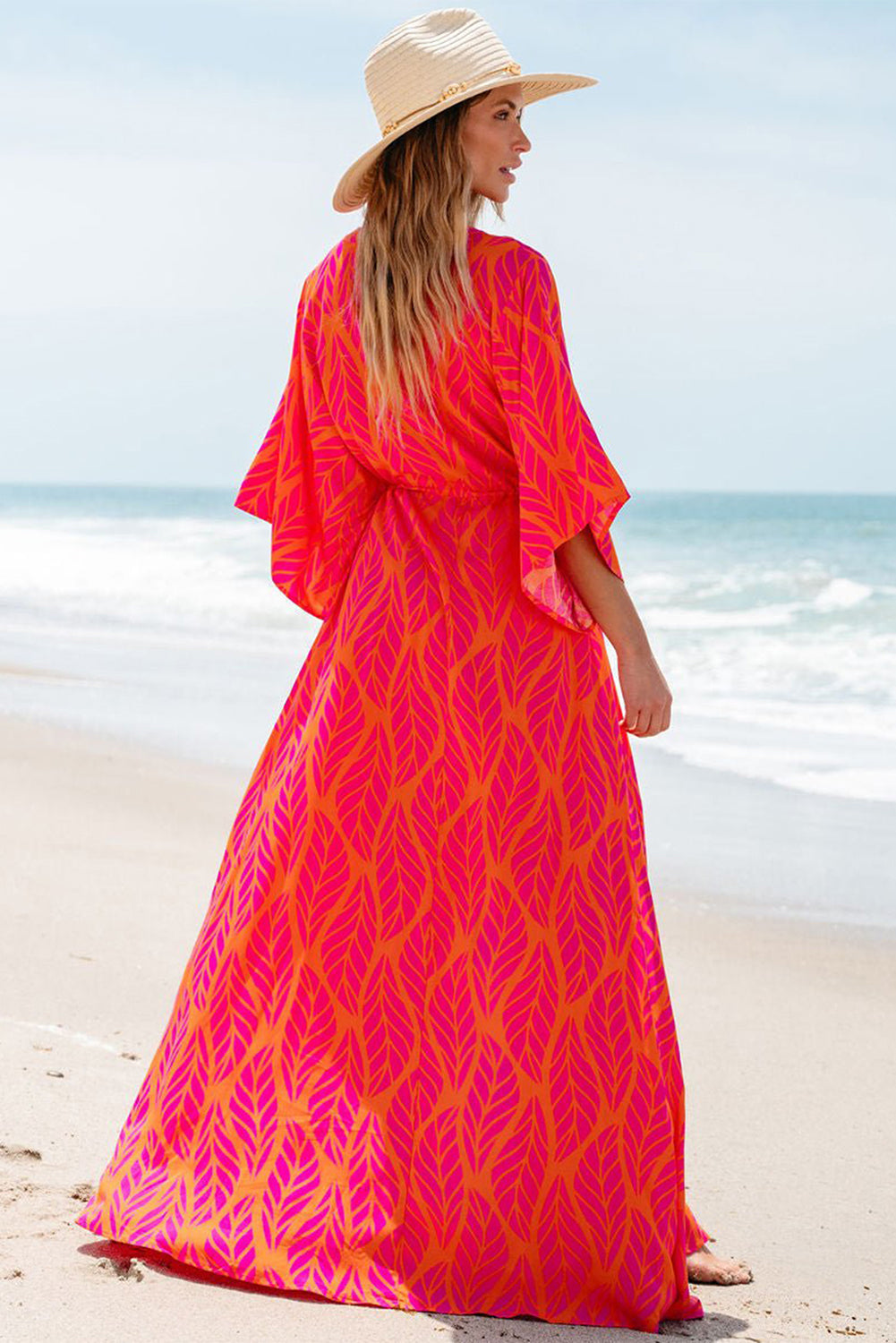 Orange Leafy Print 3/4 Sleeve V Neck Buttoned Split Maxi Dress