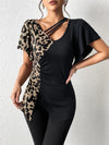 Ruched Leopard Flutter Sleeve T-Shirt