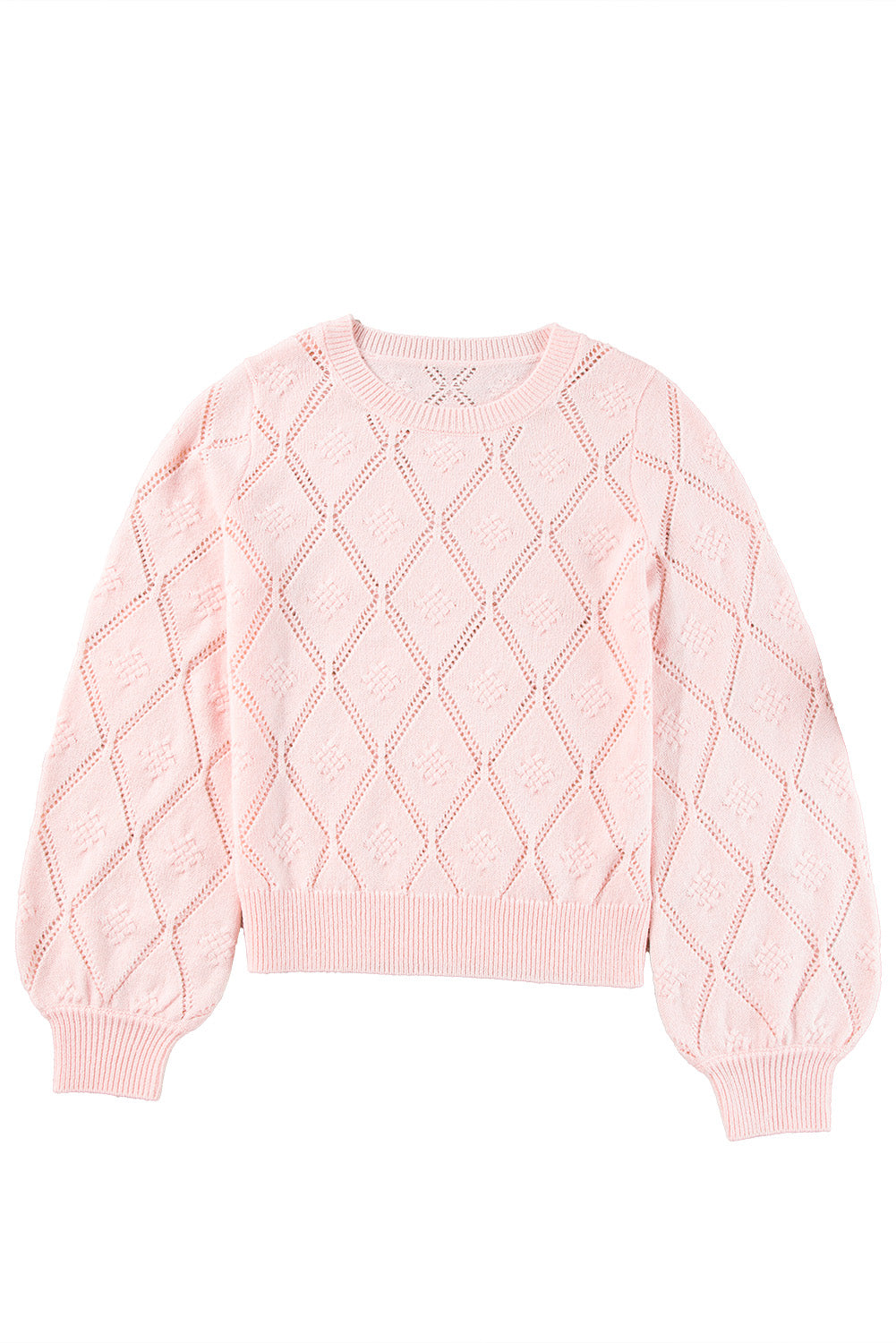 Gossamer Pink Openwork Plaid Puff Sleeve Cropped Sweater