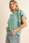 Beige Solid Color Textured Ruffle Short Sleeve Knit Top