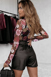 Pink Mesh Floral Print Long Sleeve Slim Top