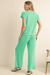 Blue Solid Corded Short Sleeve T Shirt and Wide Leg Pants Set