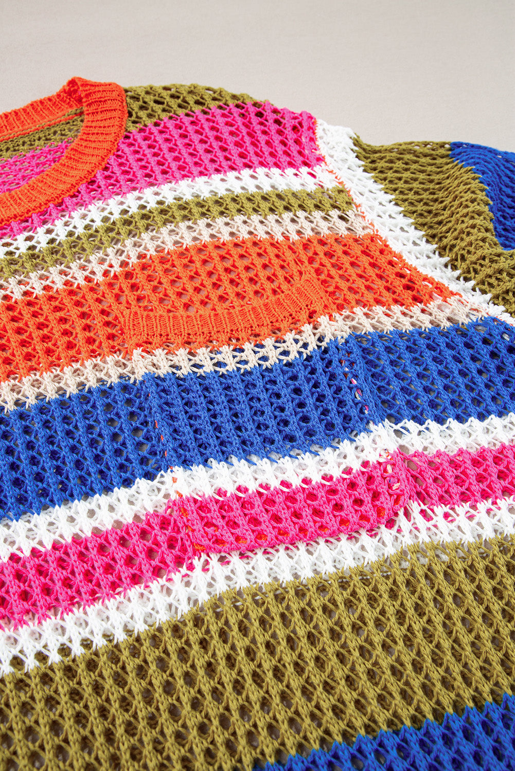 Pink Striped Color Block Hollow Crochet 3/4 Sleeve T Shirt