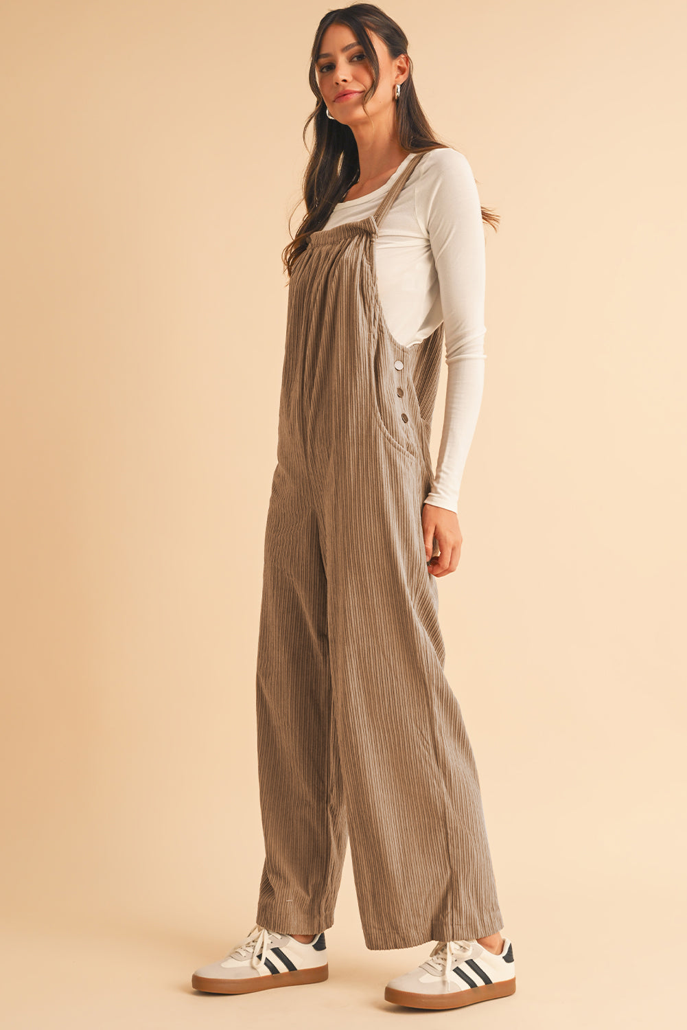 Gray Morn Plain Pocketed Loose Fit Corduroy Overalls