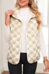 Khaki Sherpa Checkerboard Snap Button Vest Jacket