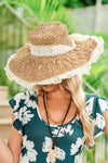 Parchment Boho Woven Ruffle Lace Trim Knot Vacation Hat