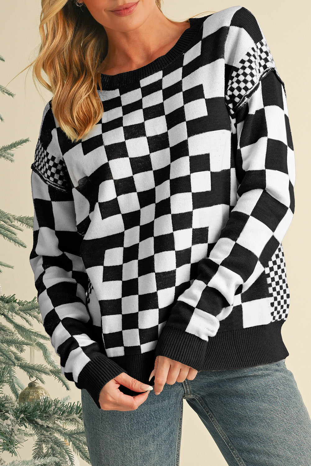 Carrot Checkered Drop Shoulder Round Neck Sweater