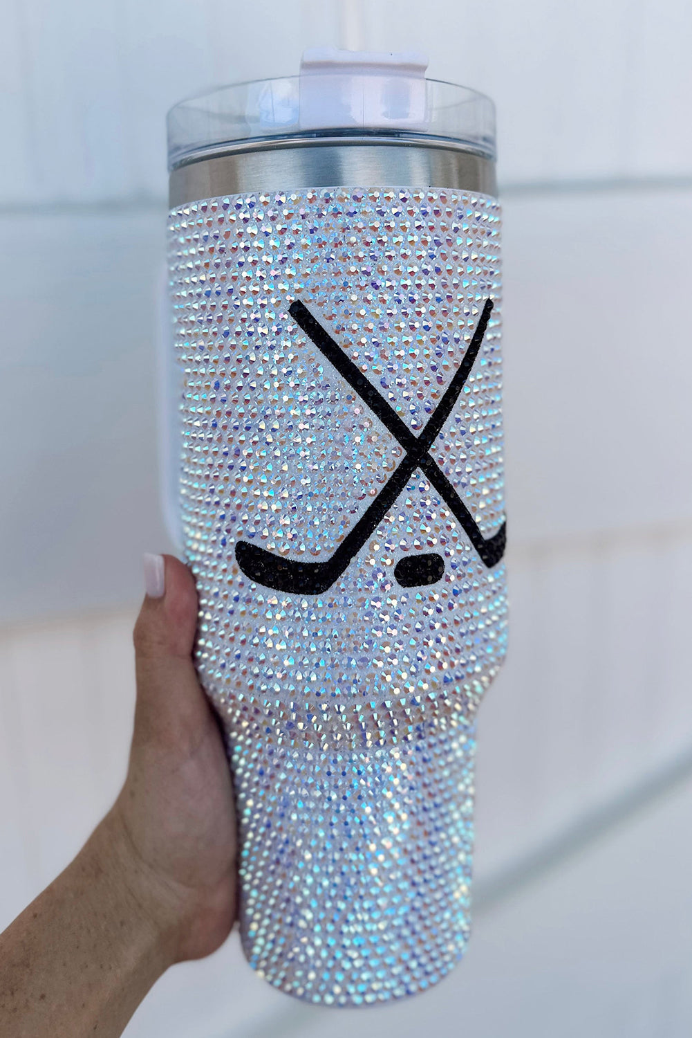 Silvery 40Oz Hockey Game Day Rhinestone Tumbler with Handle