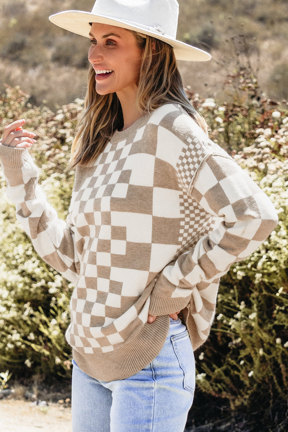 Carrot Checkered Drop Shoulder Round Neck Sweater